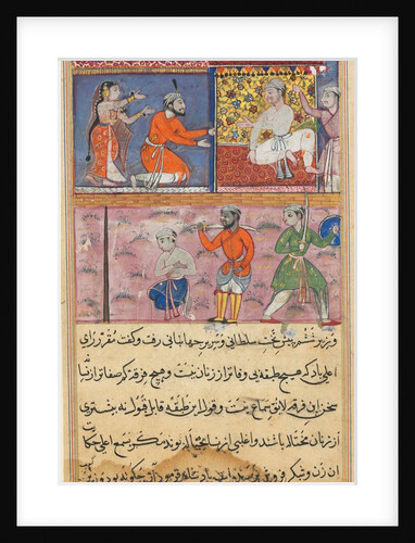 Page from Tales of a Parrot: Eighth night: The prince sent back to the place…, c. 1560 by Unknown