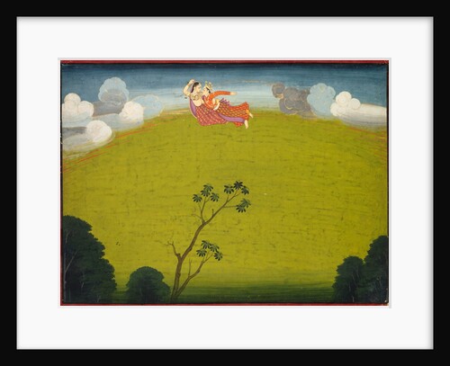 Pradyumna and Mayavati Fly to Dvaraka, from the Large Basohli Bhagavata Purana, c. 1760-1765 by Unknown