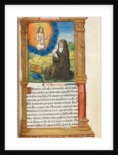 Printed Book of Hours: fol. 90r, St. Bridget in Prayer before an Apparition of Christ, by Guillaume Le Rouge