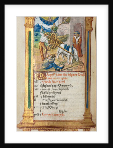 Printed Book of Hours: fol. 9v, August calendar illustration, 1510 by Guillaume Le Rouge