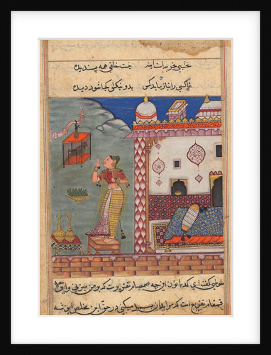 The parrot addresses Khujasta at the beginning of the twenty-seventh night, recto of folio 185…c15 by Unknown