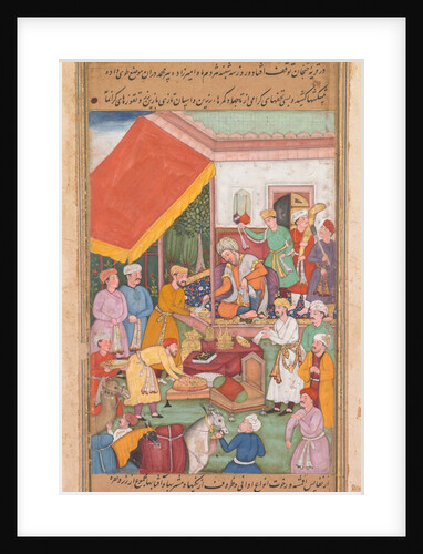 Timur distributes gifts from his grandson, the Prince of Multan, from a Zafar-nama…, 1598-1600 by Shravana