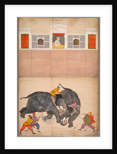 Two Elephants Fighting in a Courtyard Before Muhammad Shah, c. 1730-40 by Nainsukh (attributed to)