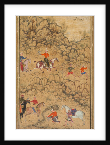 Hunting with falcons in a landscape; Verso: Calligraphy of Chaghatai Turkish poems…, c. 1558-60 by Abd al-Samad (attributed to)