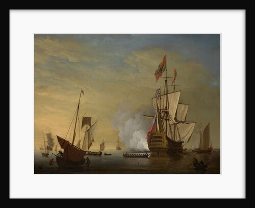 Harbor Scene: An English Ship with Sails Loosened Firing a Gun by Peter Monamy