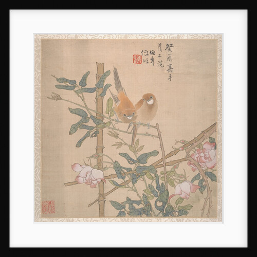 Two Birds Perched on a Flowering Rose Bush, late 19th century by Ren Yi
