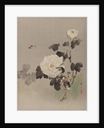 Roses, Young Bird and a Butterfly, ca. 1887 by Watanabe Seitei