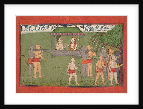 Lakshmana and Sugriva Being Carried by Palanquin to Receive Rama's Blessings…, ca. 1710-25 by Unknown