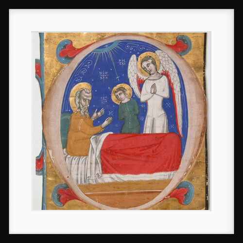 Manuscript Illumination with Tobit, Tobias, and the Archangel Raphael in an Initial O…, mid-14th c by Unknown