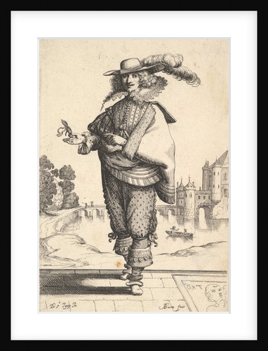 A gentleman standing in front of a large castle and wearing a plumed hat and a lace collar…, 1629 by Abraham Bosse