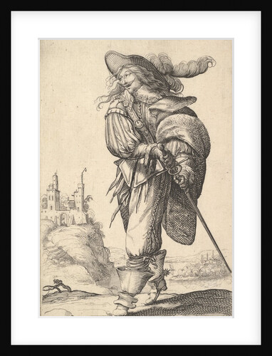 A gentleman, walking towards the left and drawing his sword from the sheath, wearing a plu…, 1629 by Abraham Bosse