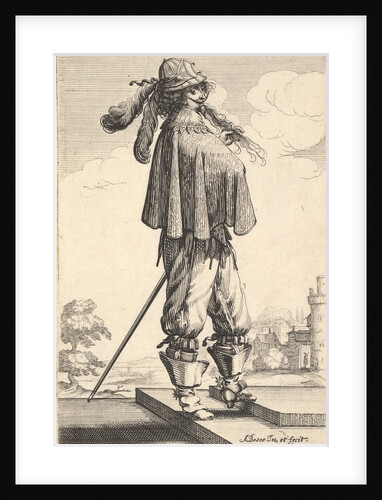 A gentleman wearing a short coat, a helmet, and boots with spurs, standing on the steps an…, 1629 by Abraham Bosse