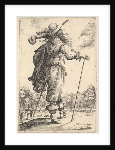 A gentleman, seen from behind, walking towards the right with a cane and wearing a plumed …, 1629 by Abraham Bosse