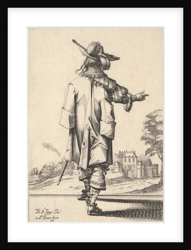 A gentleman, seen from behind, with his right arm outstretched and a cloak over his left s…, 1629 by Abraham Bosse