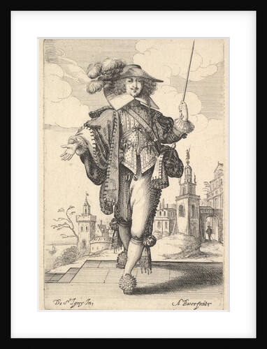 A gentleman walking forward, with his right arm outstretched and a whip in his left hand…, 1629 by Abraham Bosse