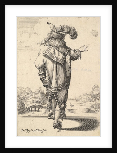 A gentleman wearing a plumed hat and carrying a sword, seen from behind, his right arm out…, 1629 by Abraham Bosse