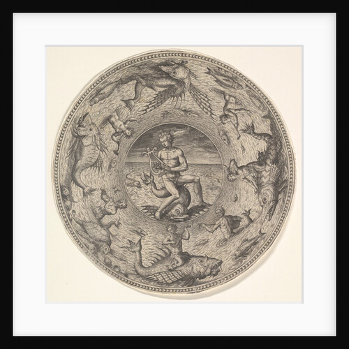 Arion on a Dolphin surrounded by a Border decorated with Sea Creatures, from a Set of…, 1580-1600 by Adriaen Collaert