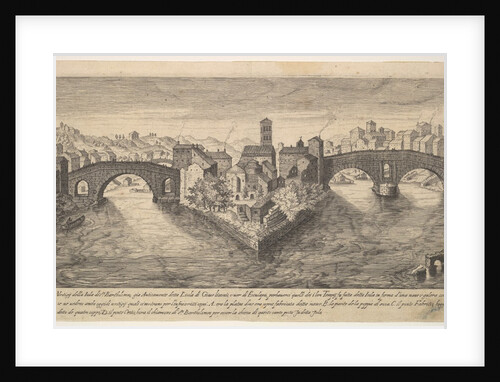 Plate 37: view of the church of San Bartolomeo all'Isola on Tiber Island, Rome, flanked by…, 1606 by Aegidius Sadeler II