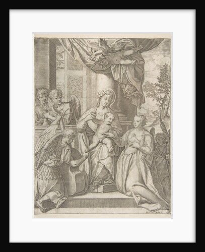 The mystic marriage of Saint Catherine who sits at center with the Christ child, angels wi…, 1585 by Agostino Carracci