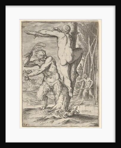 Satyr whipping a nymph, who is shown from behind and bound to a tree, a second saty…, ca. 1590-95 by Agostino Carracci