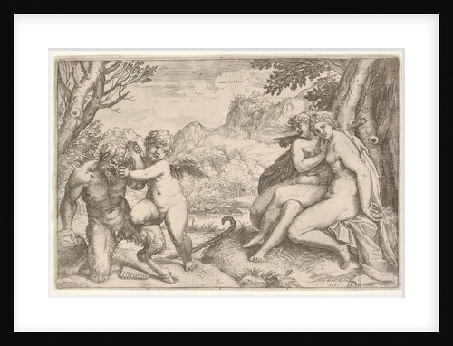 Love Conquers All, in a struggle with a satyr Amor places his right kn…, 1599 by Agostino Carracci