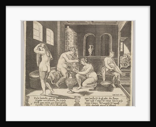 Plate 7: Psyche attended in her bath by nymphs, in the background right Psyche repr…, ca. 1520-36 by Agostino Veneziano