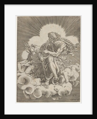 St. Matthew, seated on a cloud and dipping a quill into an inkwell held by an angel…, ca. 1518-20 by Agostino Veneziano