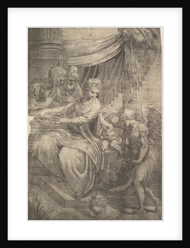 The Holy Family, an angel holding flowers approaching from the right, ca. 1550-53 by Andrea Schiavone