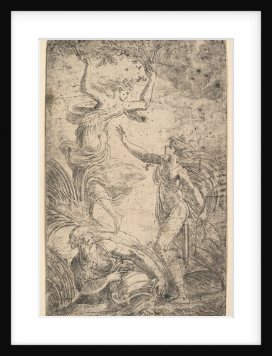 Apollo at right holding a bow chasing Daphne at the left, ca. 1538-40 by Andrea Schiavone