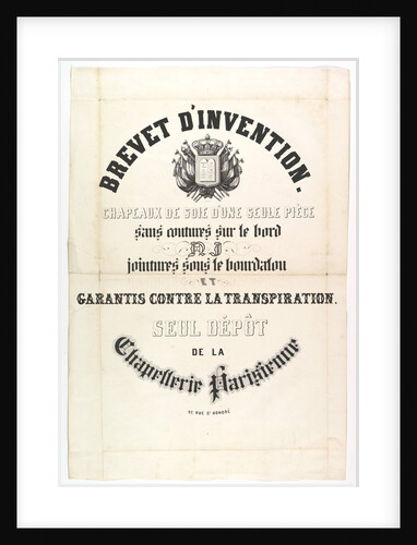 Brevet d'Invention. Chapeaux de soie d'une seule pièce…, 19th century by Unknown