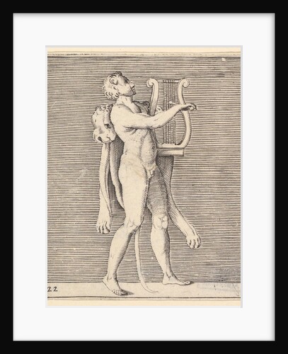 Hercules playing a lyre, a lionskin draped over his shoulder, published ca. 1599-1622 by Unknown