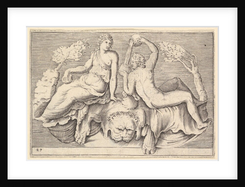 Woman and Man Seated on Lionskin, Man Pouring Wine, published ca. 1599-1622 by Unknown