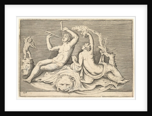 Man Playing Two Flutes and Woman on Lionskin, published ca. 1599-1622 by Unknown