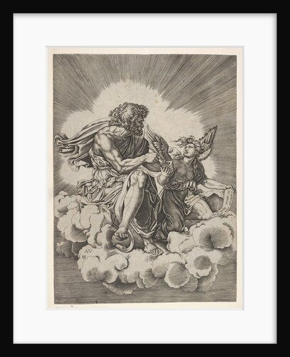 St. Matthew, seated on a cloud with legs crossed and dipping a quill into an inkwell…, after 1518 by Unknown