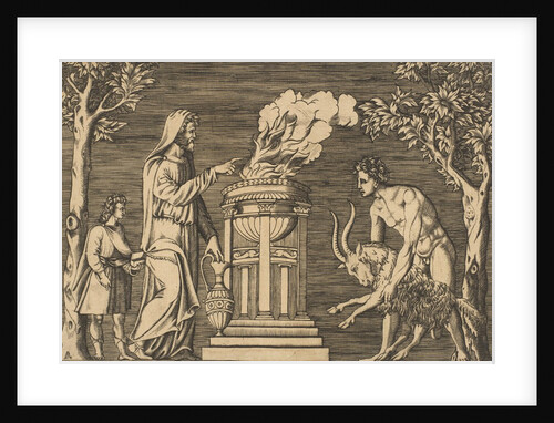 The sacrifice of a ram held by a naked man at right, hooded priest at left with a…, ca. 1515-1600 by Unknown