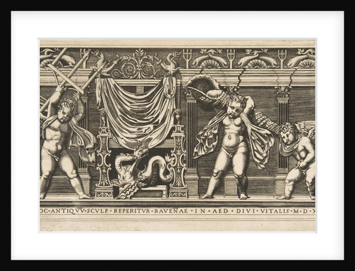 Three cupids in front of a facade with pilasters, one holding a trident and anoth…, ca. 1515-1600 by Unknown