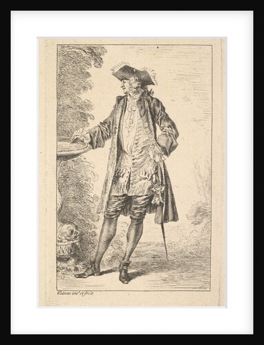 Standing man with his right hand resting on a basin, shown in three-quarters view with…, ca. 1710 by Jean-Antoine Watteau