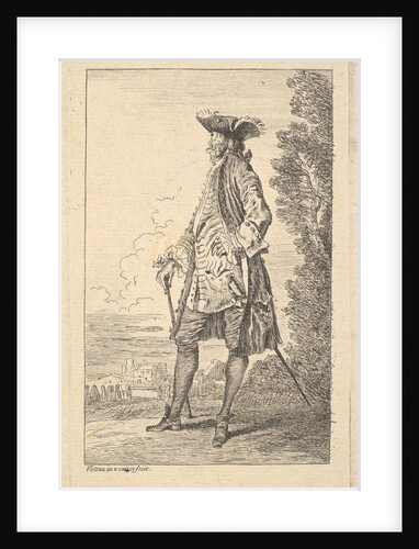 Man walking and carrying a cane in his right hand, shown in three-quarters view with h…, ca. 1710 by Jean-Antoine Watteau