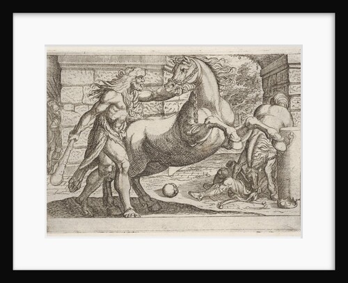Hercules and the Mares of Diomedes: Hercules grasps the bridle of a rearing horse, a secon…, 1608 by Antonio Tempesta