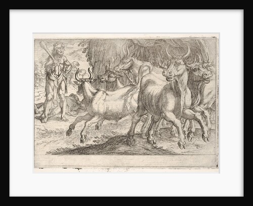 Hercules and the Oxen of Geryones: with a club raised by his right hand, Hercules confront…, 1608 by Antonio Tempesta