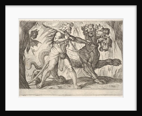 Hercules and Cerberus: Hercules grasps the collar of Cerberus, two demons appear at left…, 1608 by Antonio Tempesta