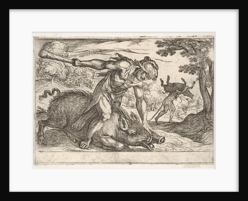 Hercules and the Boar of Erymanthus: Hercules holds down the boar's snout with his left ha…, 1608 by Antonio Tempesta