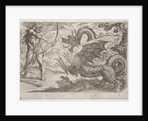 Hercules and the Serpent Ladon: Hercules draws his bow, the rearing serpent appears in pro…, 1608 by Antonio Tempesta
