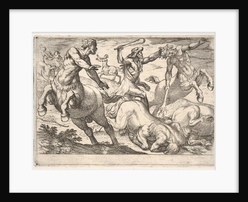 Hercules and the Centaurs: Hercules holds the head of a centaur with his left hand and rai…, 1608 by Antonio Tempesta