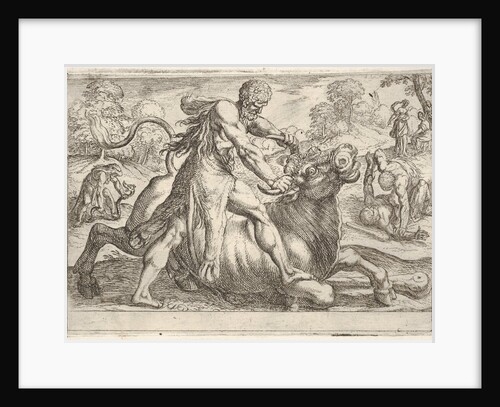 Hercules and Achelous: at center Hercules grasps the horns of a bull while pressing his ri…, 1608 by Antonio Tempesta