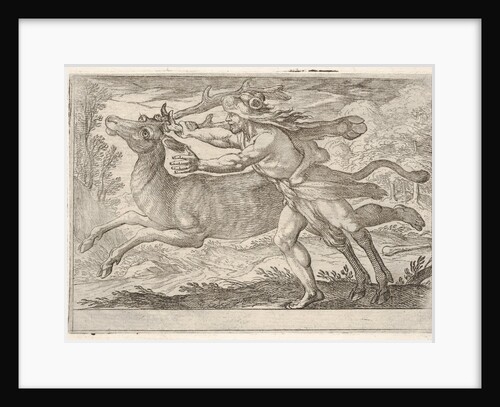 Hercules and the Hind of Mount Cerynea: Hercules strides alongside the hind and grasps the…, 1608 by Antonio Tempesta