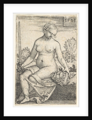 Judith, seated nude with a sword in her right hand, gazing down at the head of Holofernes …, 1523 by Barthel Beham