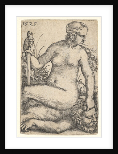 Judith, looking towards the right, seated nude atop the dead body of Holofernes, with a sw…, 1525 by Barthel Beham