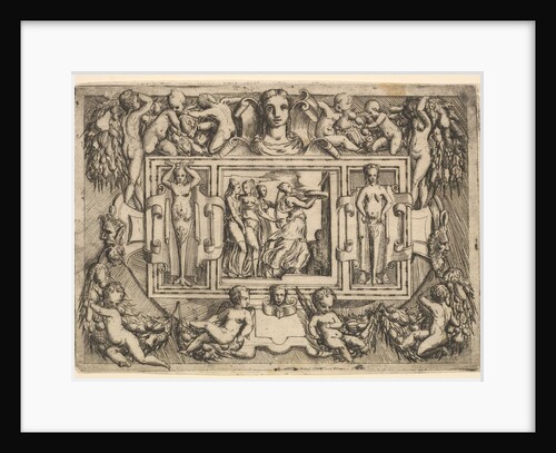 The Cumeaean sibyl walking to the right and carrying a tray, followed by three wome…, ca. 1540-80 by Battista del Moro