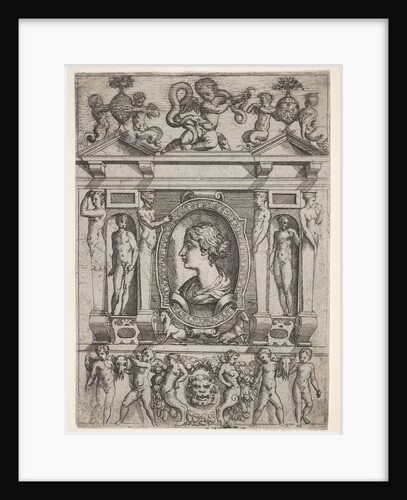 Bust of a woman in profile facing left, set in an elaborate frame with figures in n…, ca. 1540-80 by Battista del Moro